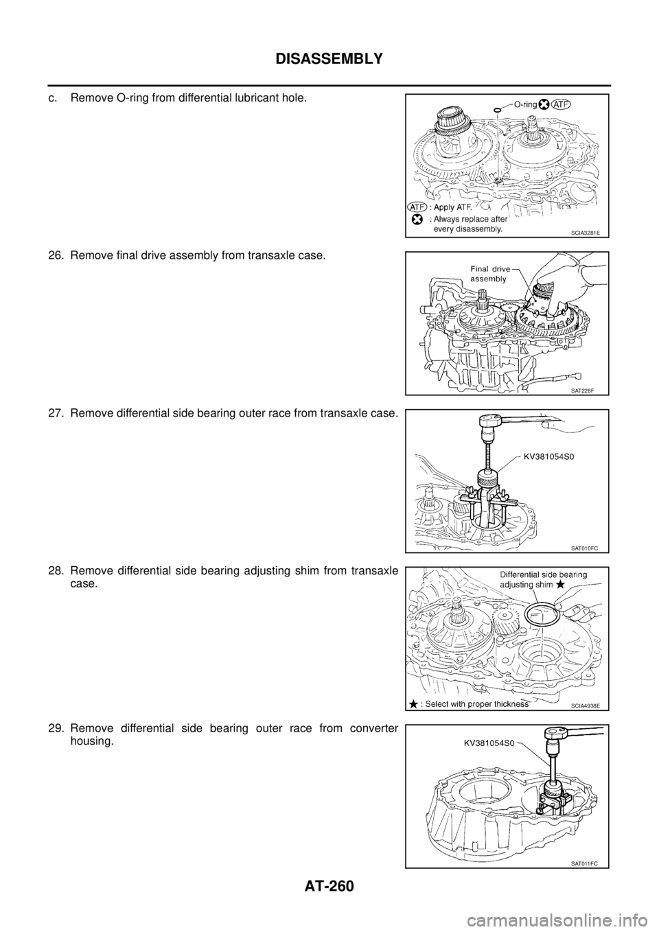 NISSAN TEANA 2003  Service Manual AT-260
DISASSEMBLY
 
c. Remove O-ring from differential lubricant hole.
26. Remove final drive assembly from transaxle case.
27. Remove differential side bearing outer race from transaxle case.
28. Re