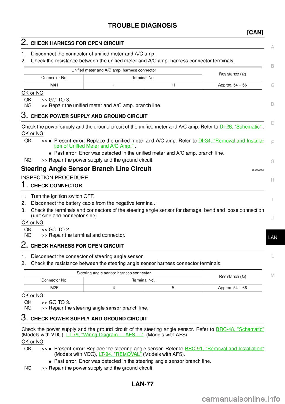 NISSAN TEANA 2003  Service Manual TROUBLE DIAGNOSIS
LAN-77
[CAN]
C
D
E
F
G
H
I
J
L
MA
B
LAN
 
2. CHECK HARNESS FOR OPEN CIRCUIT
1. Disconnect the connector of unified meter and A/C amp.
2. Check the resistance between the unified mete