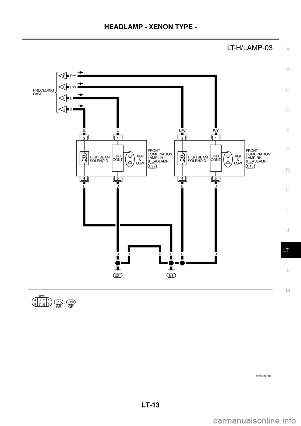 NISSAN TEANA 2003  Service Manual HEADLAMP - XENON TYPE -
LT-13
C
D
E
F
G
H
I
J
L
MA
B
LT
 
TKWM4573E 
