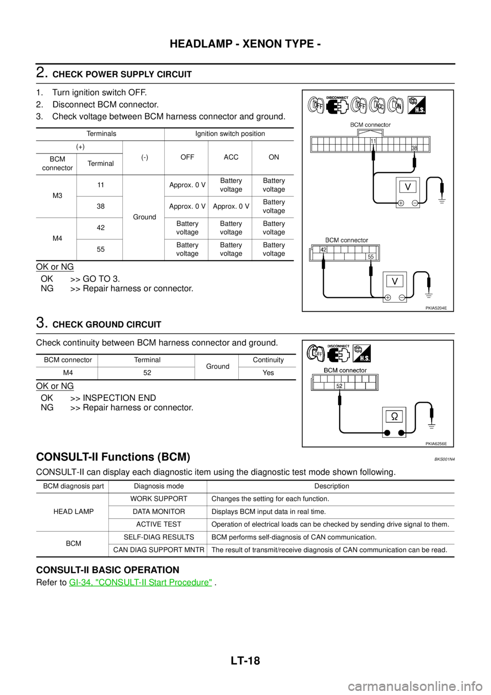 NISSAN TEANA 2003  Service Manual LT-18
HEADLAMP - XENON TYPE -
 
2. CHECK POWER SUPPLY CIRCUIT 
1. Turn ignition switch OFF.
2. Disconnect BCM connector.
3. Check voltage between BCM harness connector and ground.
OK or NG
OK >> GO TO