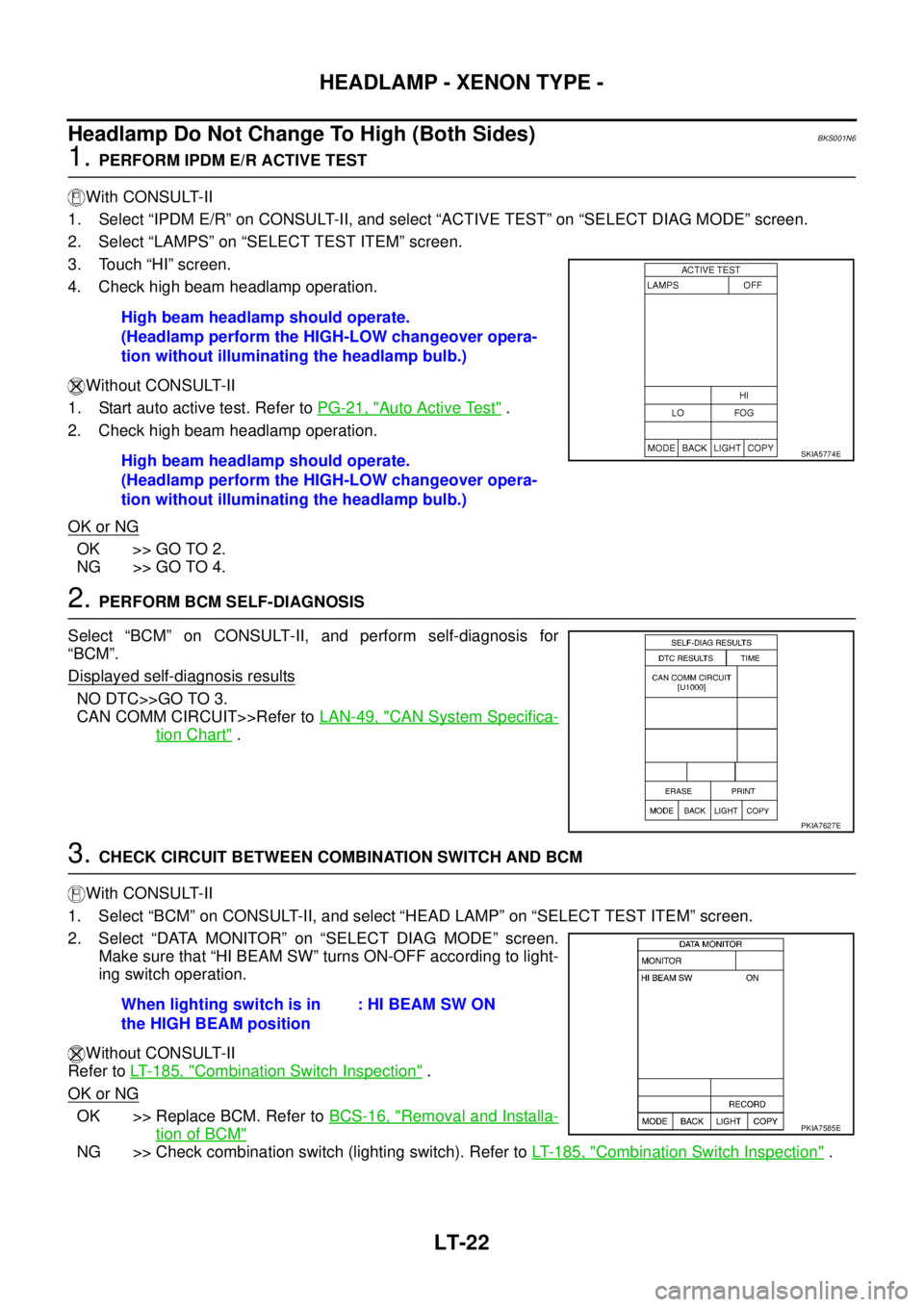NISSAN TEANA 2003  Service Manual LT-22
HEADLAMP - XENON TYPE -
 
Headlamp Do Not Change To High (Both Sides)BKS001N6
1. PERFORM IPDM E/R ACTIVE TEST
With CONSULT-II
1. Select “IPDM E/R” on CONSULT-II, and select “ACTIVE TEST”
