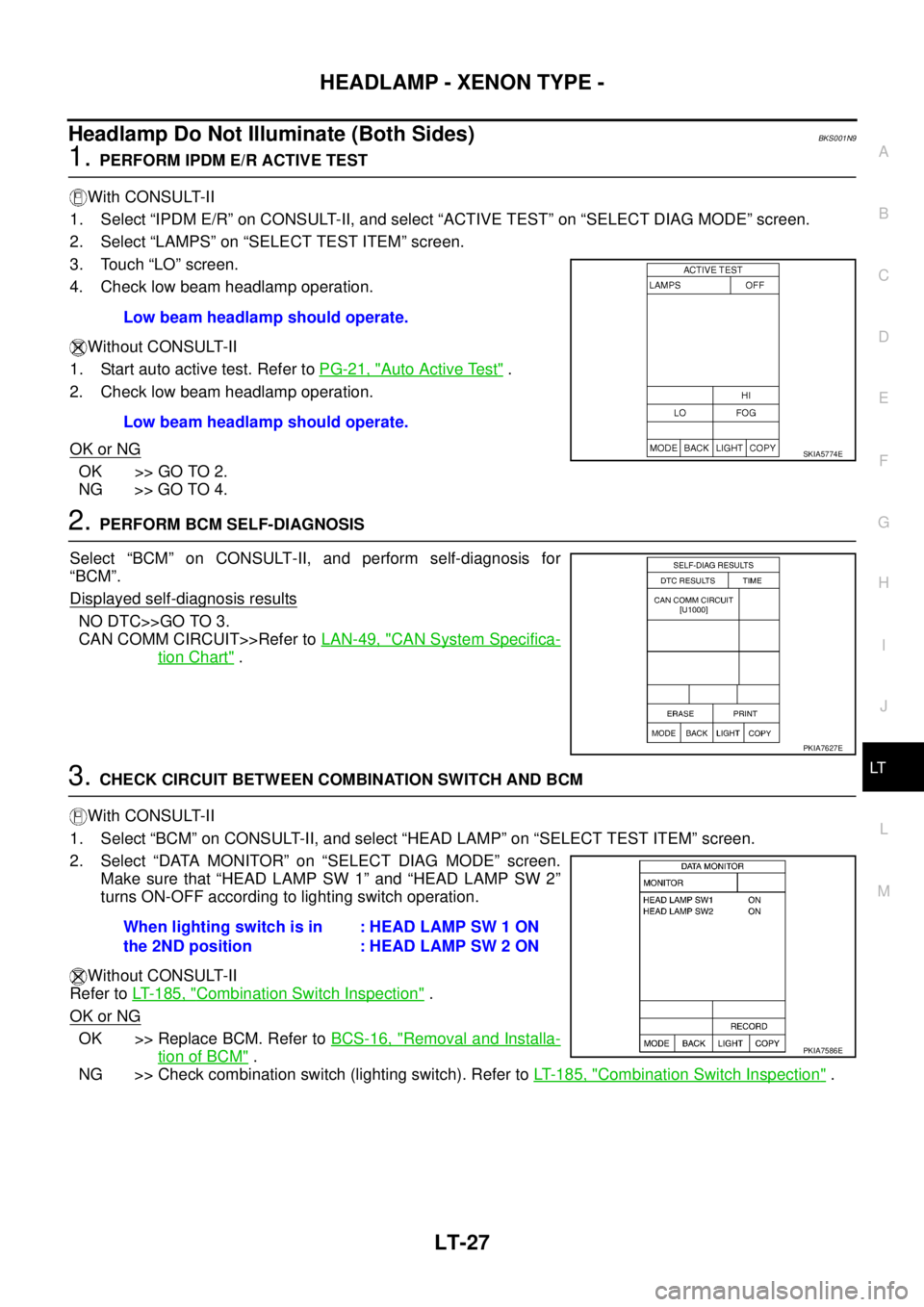 NISSAN TEANA 2003  Service Manual HEADLAMP - XENON TYPE -
LT-27
C
D
E
F
G
H
I
J
L
MA
B
LT
 
Headlamp Do Not Illuminate (Both Sides)BKS001N9
1. PERFORM IPDM E/R ACTIVE TEST
With CONSULT-II
1. Select “IPDM E/R” on CONSULT-II, and se