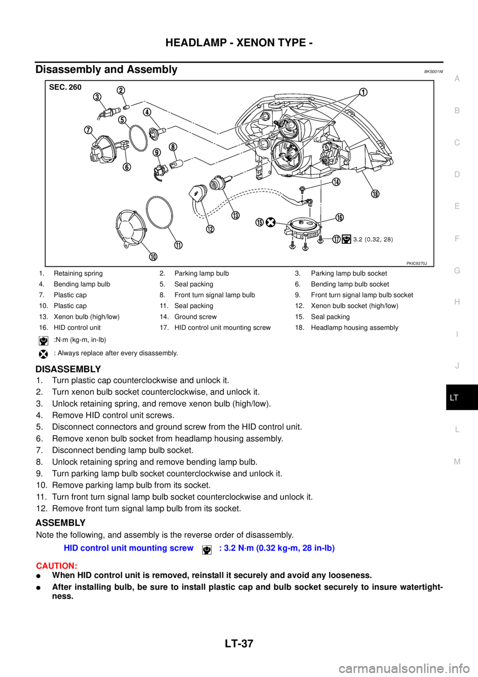 NISSAN TEANA 2003  Service Manual HEADLAMP - XENON TYPE -
LT-37
C
D
E
F
G
H
I
J
L
MA
B
LT
 
Disassembly and AssemblyBKS001NI
DISASSEMBLY
1. Turn plastic cap counterclockwise and unlock it.
2. Turn xenon bulb socket counterclockwise, a