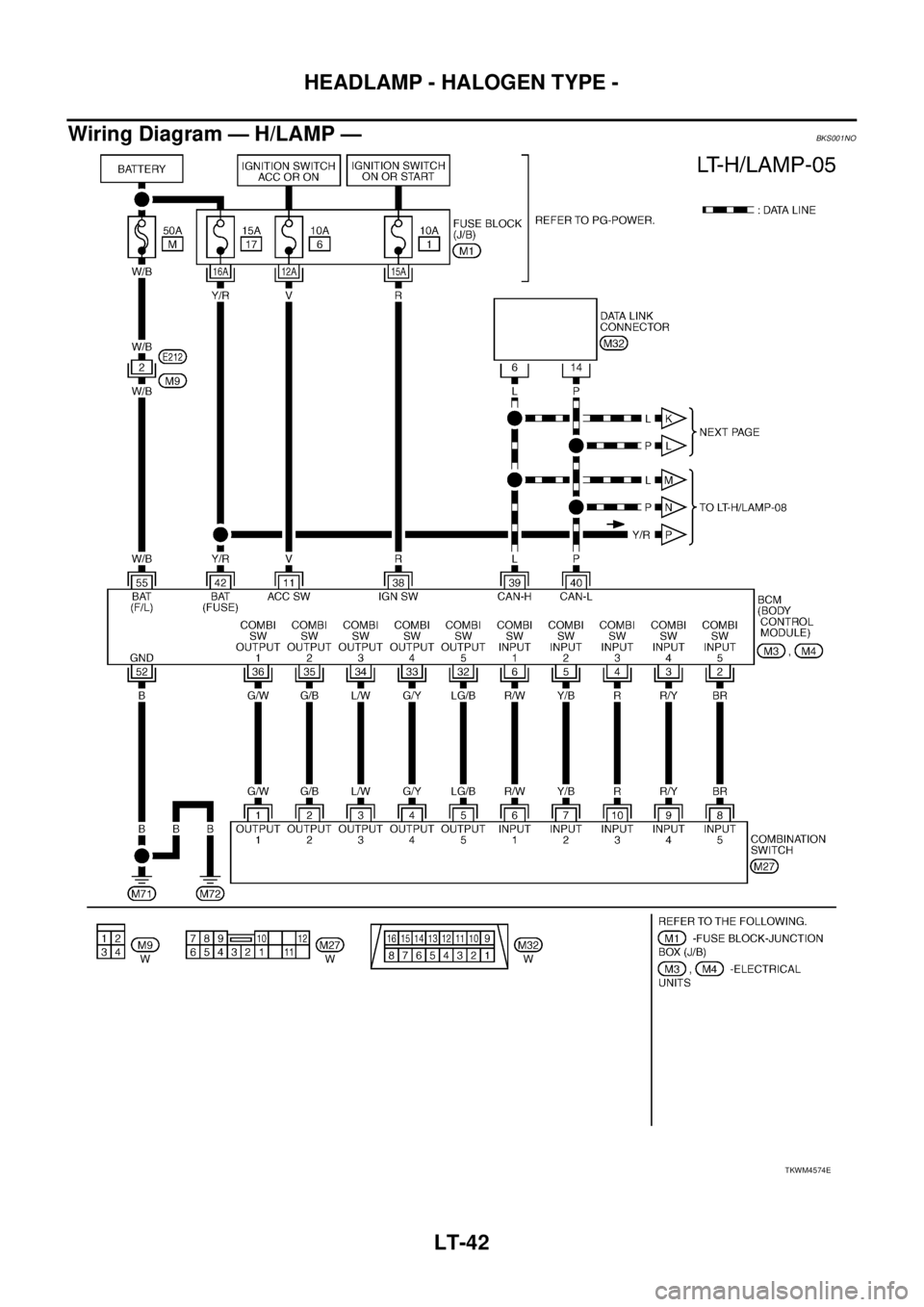 NISSAN TEANA 2003  Service Manual LT-42
HEADLAMP - HALOGEN TYPE -
 
Wiring Diagram — H/LAMP —BKS001NO
TKWM4574E 