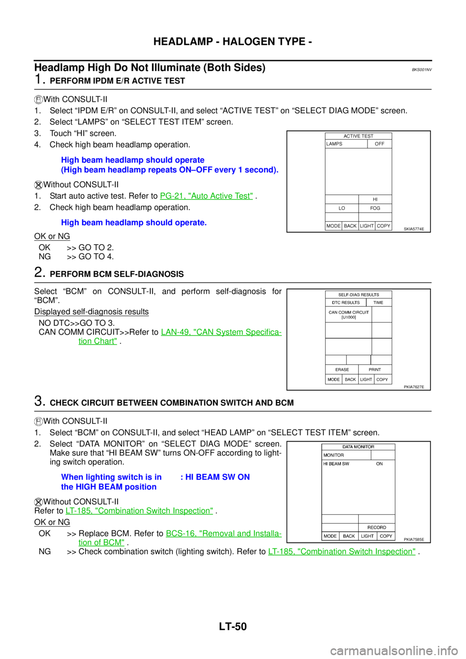 NISSAN TEANA 2003  Service Manual LT-50
HEADLAMP - HALOGEN TYPE -
 
Headlamp High Do Not Illuminate (Both Sides)BKS001NV
1. PERFORM IPDM E/R ACTIVE TEST
With CONSULT-II
1. Select “IPDM E/R” on CONSULT-II, and select “ACTIVE TEST