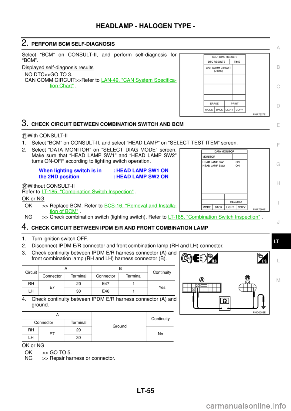 NISSAN TEANA 2003  Service Manual HEADLAMP - HALOGEN TYPE -
LT-55
C
D
E
F
G
H
I
J
L
MA
B
LT
 
2. PERFORM BCM SELF-DIAGNOSIS 
Select “BCM” on CONSULT-II, and perform self-diagnosis for
“BCM”.
Displayed self
-diagnosis results
N