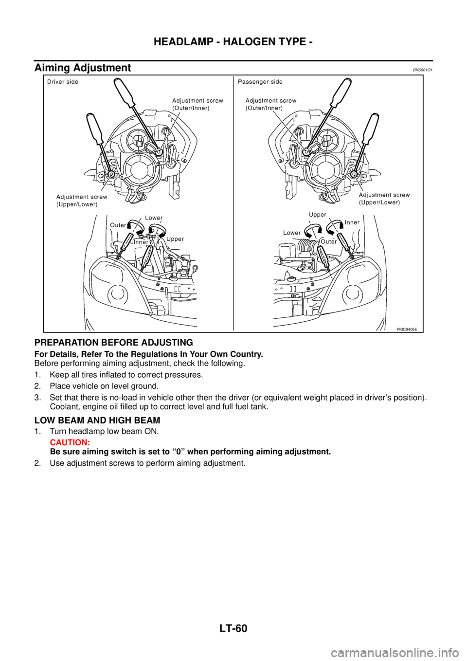 NISSAN TEANA 2003  Service Manual LT-60
HEADLAMP - HALOGEN TYPE -
 
Aiming AdjustmentBKS001O1
PREPARATION BEFORE ADJUSTING
For Details, Refer To the Regulations In Your Own Country.
Before performing aiming adjustment, check the follo