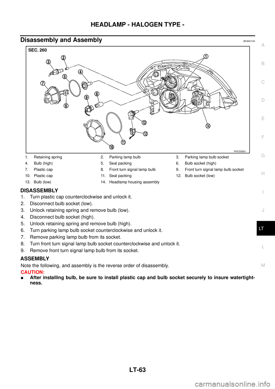 NISSAN TEANA 2003  Service Manual HEADLAMP - HALOGEN TYPE -
LT-63
C
D
E
F
G
H
I
J
L
MA
B
LT
 
Disassembly and AssemblyBKS001O4
DISASSEMBLY
1. Turn plastic cap counterclockwise and unlock it.
2. Disconnect bulb socket (low).
3. Unlock 