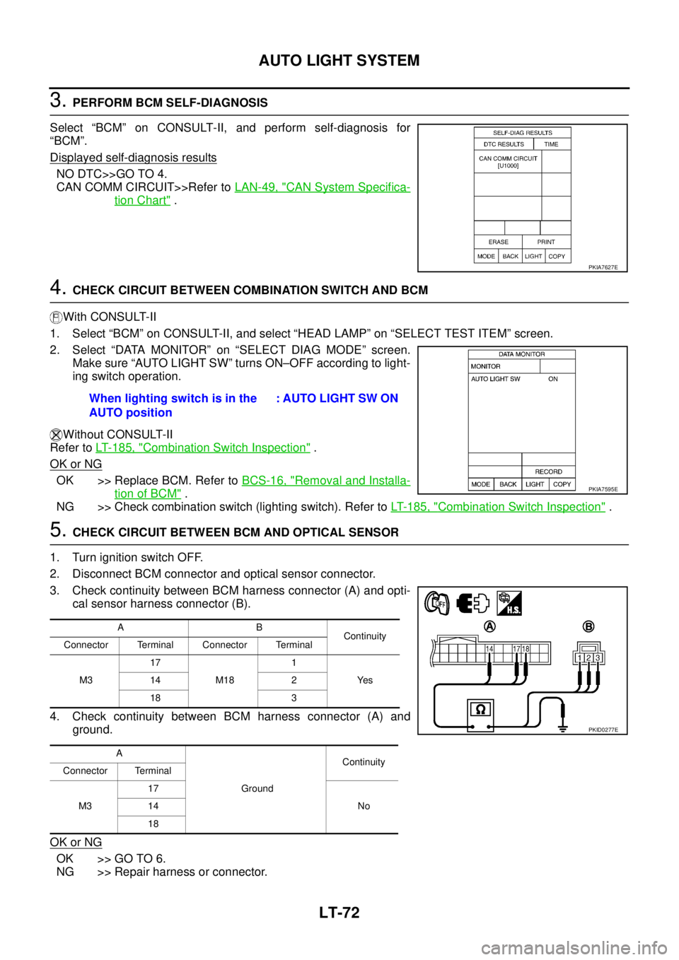 NISSAN TEANA 2003  Service Manual LT-72
AUTO LIGHT SYSTEM
 
3. PERFORM BCM SELF-DIAGNOSIS
Select “BCM” on CONSULT-II, and perform self-diagnosis for
“BCM”.
Displayed self
-diagnosis results
NO DTC>>GO TO 4.
CAN COMM CIRCUIT>>R