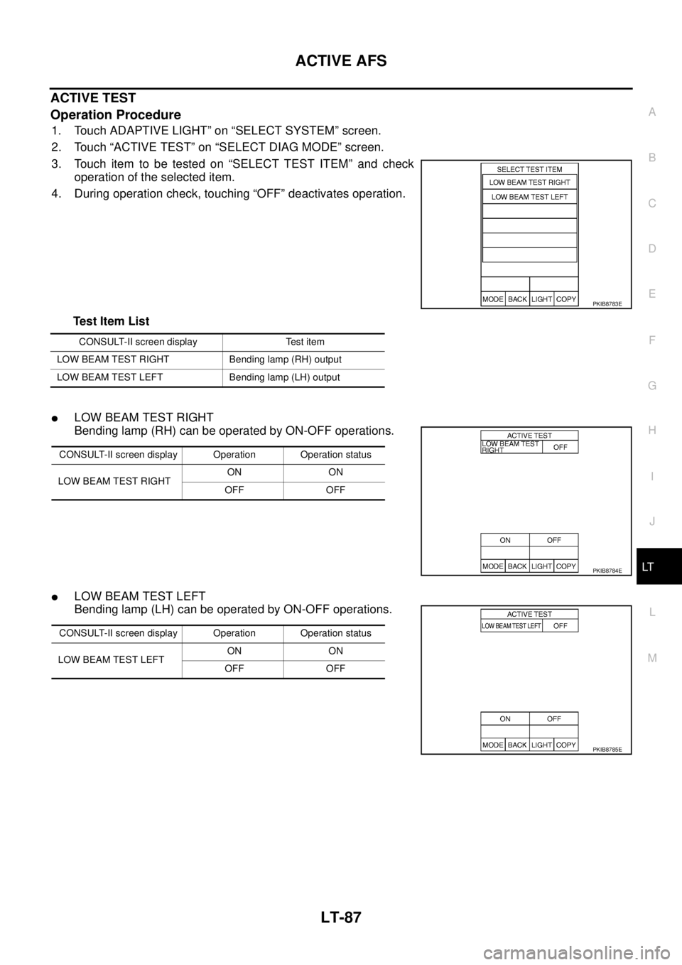 NISSAN TEANA 2003  Service Manual ACTIVE AFS
LT-87
C
D
E
F
G
H
I
J
L
MA
B
LT
 
ACTIVE TEST
Operation Procedure
1. Touch ADAPTIVE LIGHT” on “SELECT SYSTEM” screen.
2. Touch “ACTIVE TEST” on “SELECT DIAG MODE” screen.
3. T