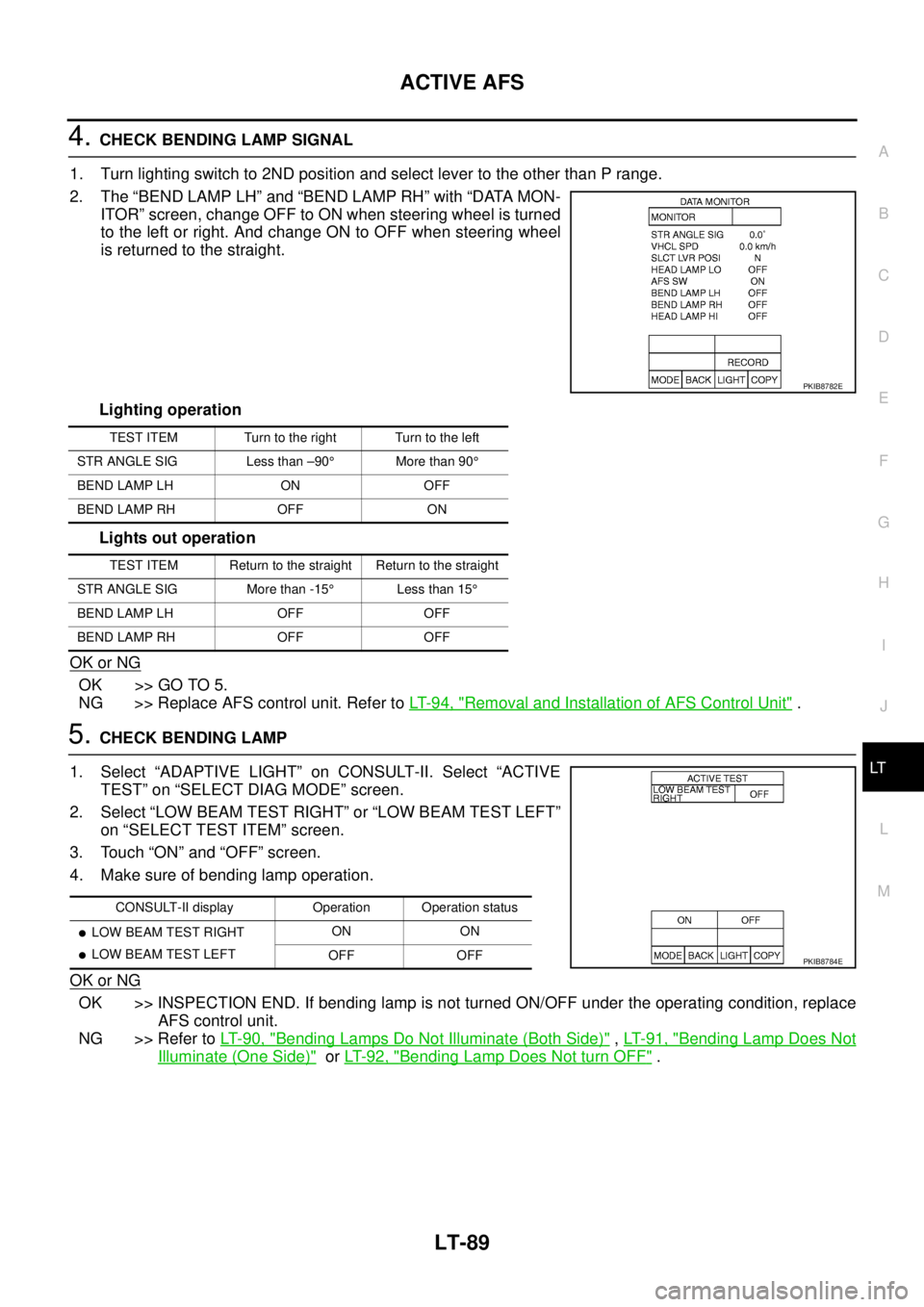 NISSAN TEANA 2003  Service Manual ACTIVE AFS
LT-89
C
D
E
F
G
H
I
J
L
MA
B
LT
 
4. CHECK BENDING LAMP SIGNAL
1. Turn lighting switch to 2ND position and select lever to the other than P range.
2. The “BEND LAMP LH” and “BEND LAMP