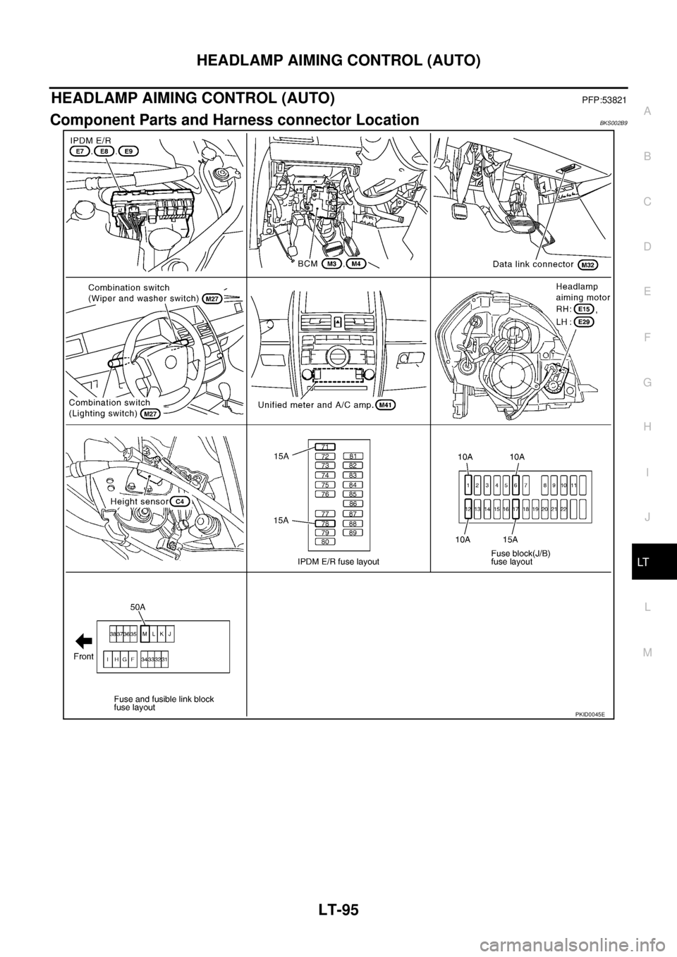 NISSAN TEANA 2003  Service Manual HEADLAMP AIMING CONTROL (AUTO)
LT-95
C
D
E
F
G
H
I
J
L
MA
B
LT
 
HEADLAMP AIMING CONTROL (AUTO)PFP:53821
Component Parts and Harness connector LocationBKS002B9
PKID0045E 