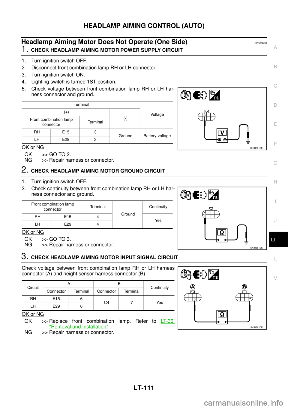 NISSAN TEANA 2003  Service Manual HEADLAMP AIMING CONTROL (AUTO)
LT-111
C
D
E
F
G
H
I
J
L
MA
B
LT
 
Headlamp Aiming Motor Does Not Operate (One Side)BKS002CQ
1. CHECK HEADLAMP AIMING MOTOR POWER SUPPLY CIRCUIT
1. Turn ignition switch 