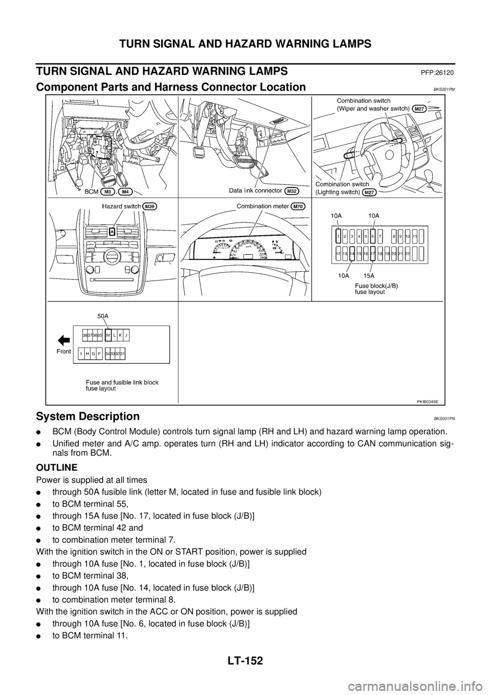 NISSAN TEANA 2003  Service Manual LT-152
TURN SIGNAL AND HAZARD WARNING LAMPS
 
TURN SIGNAL AND HAZARD WARNING LAMPSPFP:26120
Component Parts and Harness Connector LocationBKS001PM
System DescriptionBKS001PN
BCM (Body Control Module)