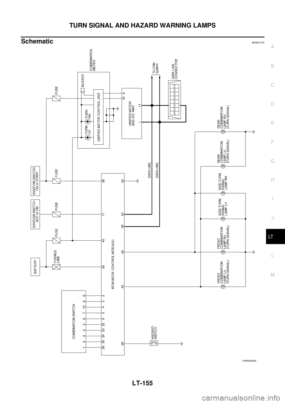 NISSAN TEANA 2003  Service Manual TURN SIGNAL AND HAZARD WARNING LAMPS
LT-155
C
D
E
F
G
H
I
J
L
MA
B
LT
 
SchematicBKS001PQ
TKWM4593E 
