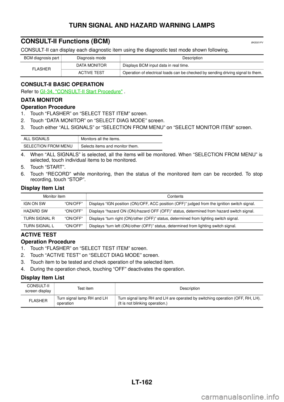 NISSAN TEANA 2003  Service Manual LT-162
TURN SIGNAL AND HAZARD WARNING LAMPS
 
CONSULT-II Functions (BCM)BKS001PV
CONSULT-II can display each diagnostic item using the diagnostic test mode shown following.
CONSULT-II BASIC OPERATION
