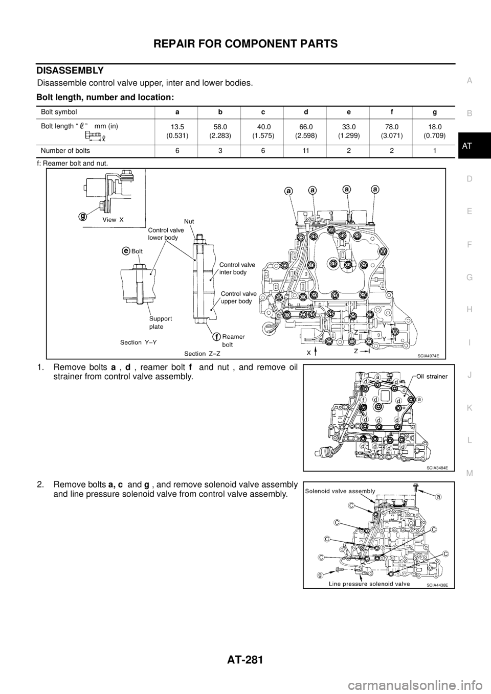 NISSAN TEANA 2003  Service Manual REPAIR FOR COMPONENT PARTS
AT-281
D
E
F
G
H
I
J
K
L
MA
B
AT
 
DISASSEMBLY
Disassemble control valve upper, inter and lower bodies.
Bolt length, number and location:
f: Reamer bolt and nut.
1. Remove b