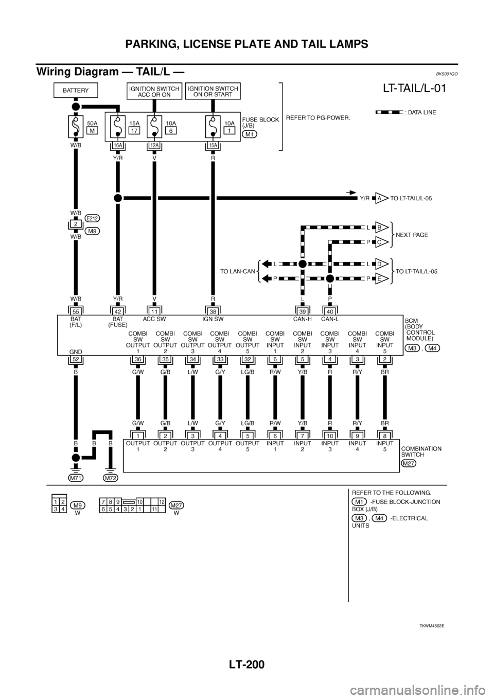 NISSAN TEANA 2003  Service Manual LT-200
PARKING, LICENSE PLATE AND TAIL LAMPS
 
Wiring Diagram — TAIL/L —BKS001QO
TKWM4602E 