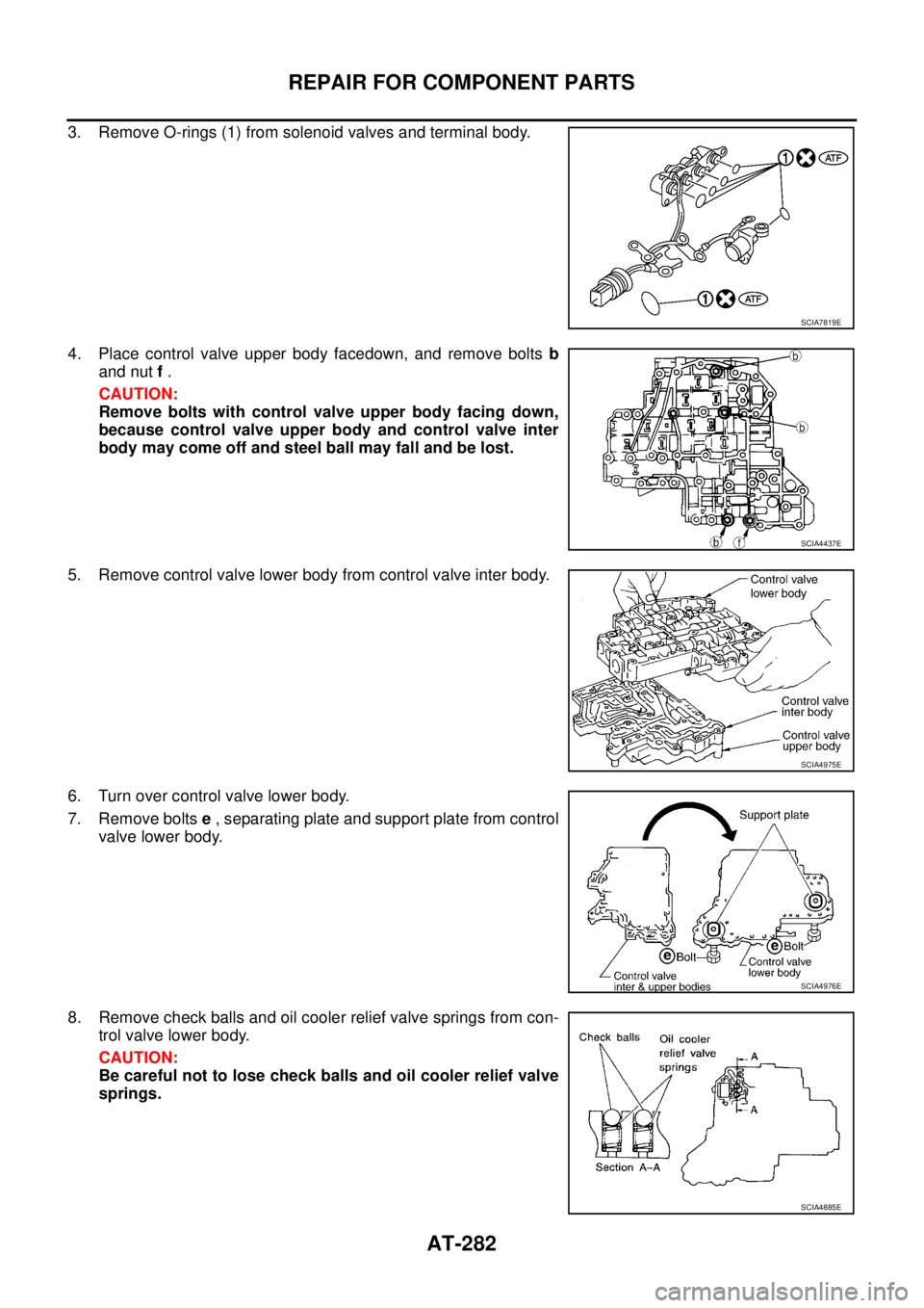 NISSAN TEANA 2003  Service Manual AT-282
REPAIR FOR COMPONENT PARTS
 
3. Remove O-rings (1) from solenoid valves and terminal body.
4. Place control valve upper body facedown, and remove bolts b
and nut f .
CAUTION:
Remove bolts with 