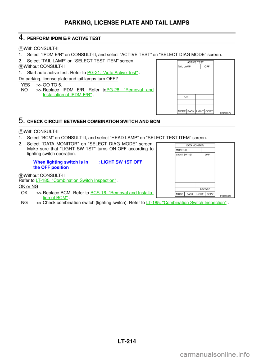 NISSAN TEANA 2003  Service Manual LT-214
PARKING, LICENSE PLATE AND TAIL LAMPS
 
4. PERFORM IPDM E/R ACTIVE TEST
With CONSULT-II
1. Select “IPDM E/R” on CONSULT-II, and select “ACTIVE TEST” on “SELECT DIAG MODE” screen.
2.