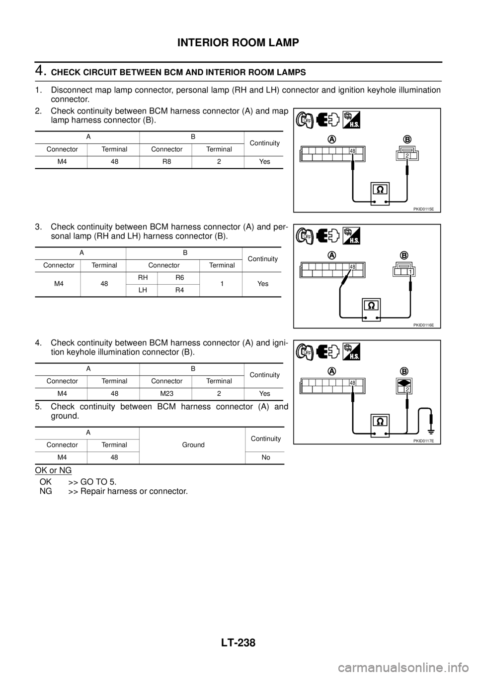 NISSAN TEANA 2003 Service Manual LT-238
INTERIOR ROOM LAMP
4. CHECK CIRCUIT BETWEEN BCM AND INTERIOR ROOM LAMPS
1. Disconnect map lamp connector, personal lamp (RH and LH) connector and ignition keyhole illumination
connector.
2. NISSAN TEANA 2003 Service Manual LT-238
INTERIOR ROOM LAMP
4. CHECK CIRCUIT BETWEEN BCM AND INTERIOR ROOM LAMPS
1. Disconnect map lamp connector, personal lamp (RH and LH) connector and ignition keyhole illumination
connector.
2.