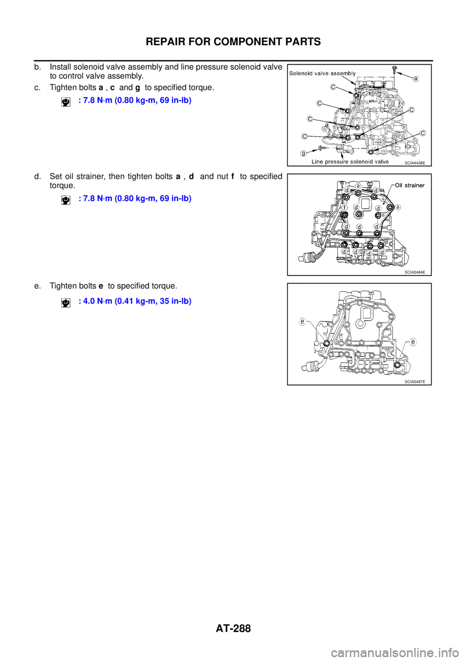 NISSAN TEANA 2003  Service Manual AT-288
REPAIR FOR COMPONENT PARTS
 
b. Install solenoid valve assembly and line pressure solenoid valve
to control valve assembly.
c. Tighten bolts a , c  and g  to specified torque.
d. Set oil strain