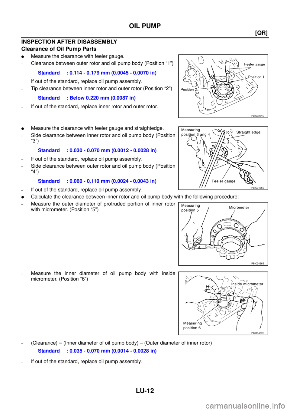 NISSAN TEANA 2003  Service Manual LU-12
[QR]
OIL PUMP
 
INSPECTION AFTER DISASSEMBLY
Clearance of Oil Pump Parts
Measure the clearance with feeler gauge.
–Clearance between outer rotor and oil pump body (Position “1”)
–If out