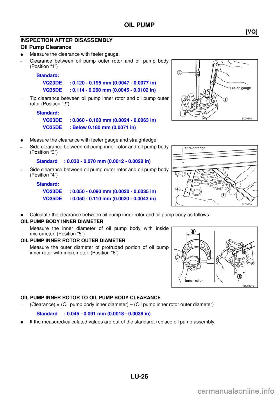 NISSAN TEANA 2003  Service Manual LU-26
[VQ]
OIL PUMP
 
INSPECTION AFTER DISASSEMBLY
Oil Pump Clearance
Measure the clearance with feeler gauge.
–Clearance between oil pump outer rotor and oil pump body
(Position “1”)
–Tip cl