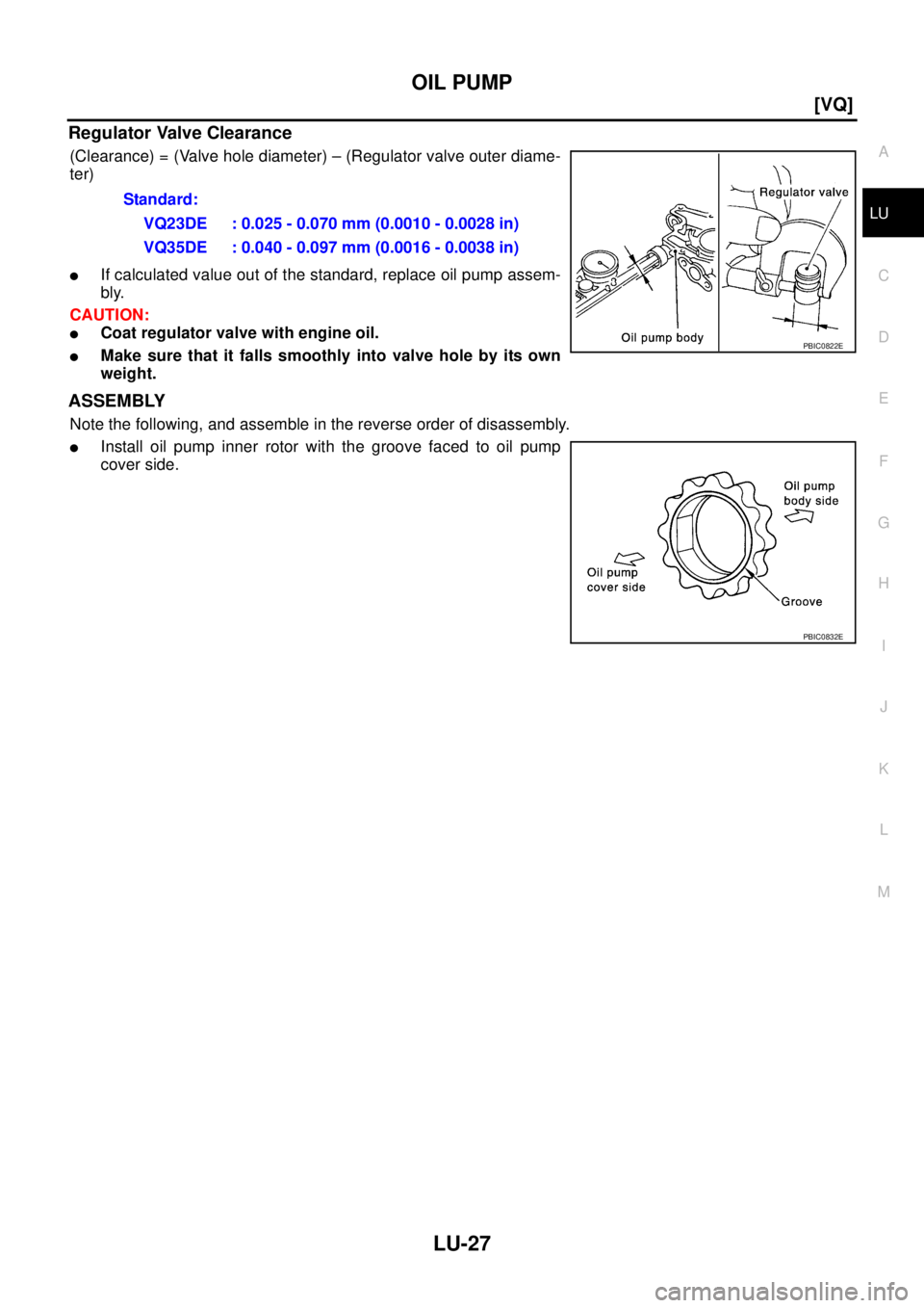 NISSAN TEANA 2003  Service Manual OIL PUMP
LU-27
[VQ]
C
D
E
F
G
H
I
J
K
L
MA
LU
 
Regulator Valve Clearance
(Clearance) = (Valve hole diameter) – (Regulator valve outer diame-
ter)
If calculated value out of the standard, replace o