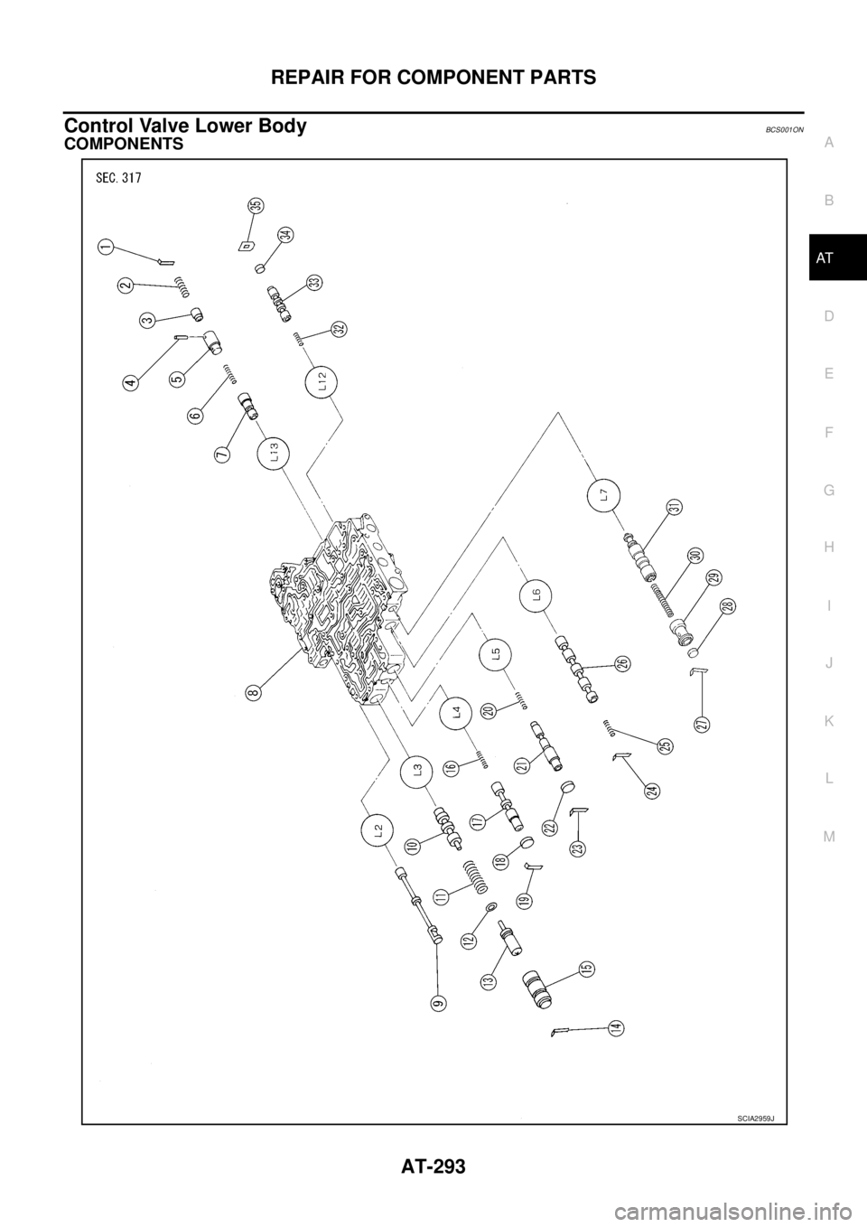 NISSAN TEANA 2003  Service Manual REPAIR FOR COMPONENT PARTS
AT-293
D
E
F
G
H
I
J
K
L
MA
B
AT
 
Control Valve Lower BodyBCS001ON
COMPONENTS
SCIA2959J 