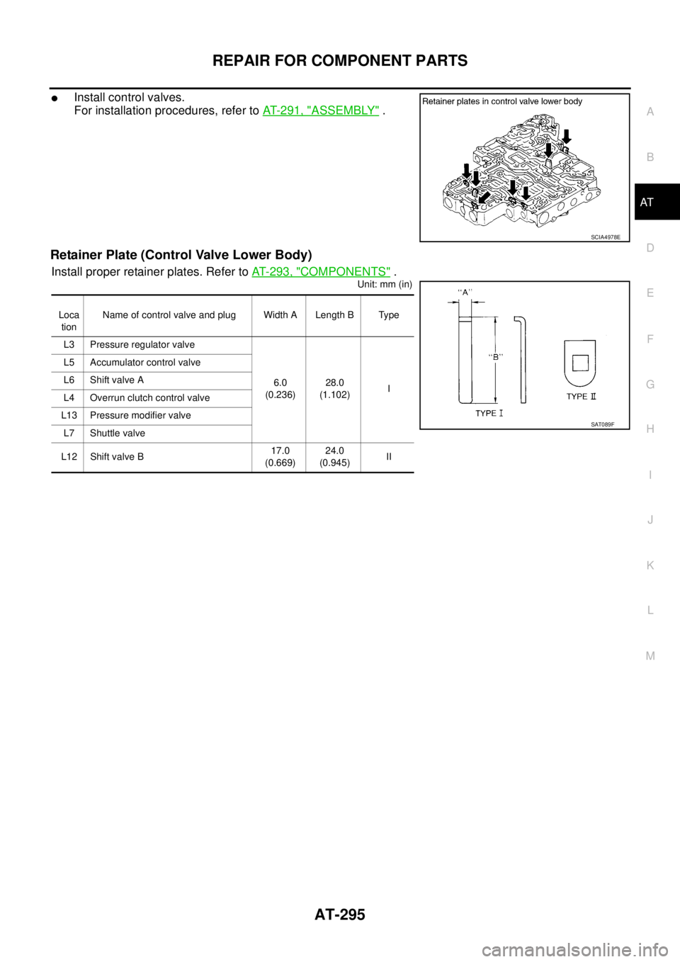NISSAN TEANA 2003  Service Manual REPAIR FOR COMPONENT PARTS
AT-295
D
E
F
G
H
I
J
K
L
MA
B
AT
 
Install control valves.
For installation procedures, refer to AT- 2 9 1 ,  "
ASSEMBLY" .
Retainer Plate (Control Valve Lower Body)
Instal