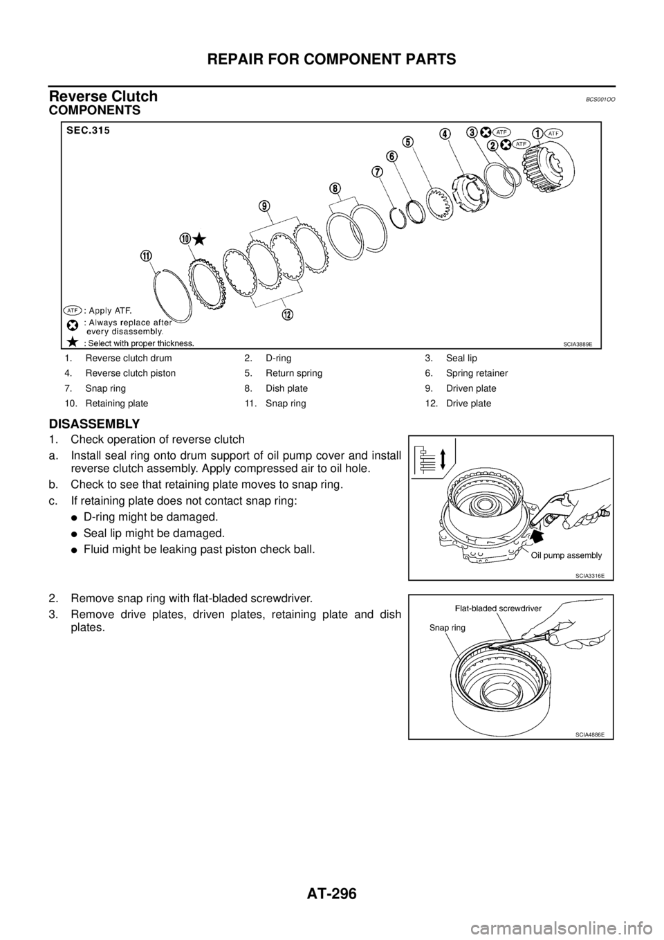 NISSAN TEANA 2003  Service Manual AT-296
REPAIR FOR COMPONENT PARTS
 
Reverse ClutchBCS001OO
COMPONENTS
DISASSEMBLY
1. Check operation of reverse clutch
a. Install seal ring onto drum support of oil pump cover and install
reverse clut