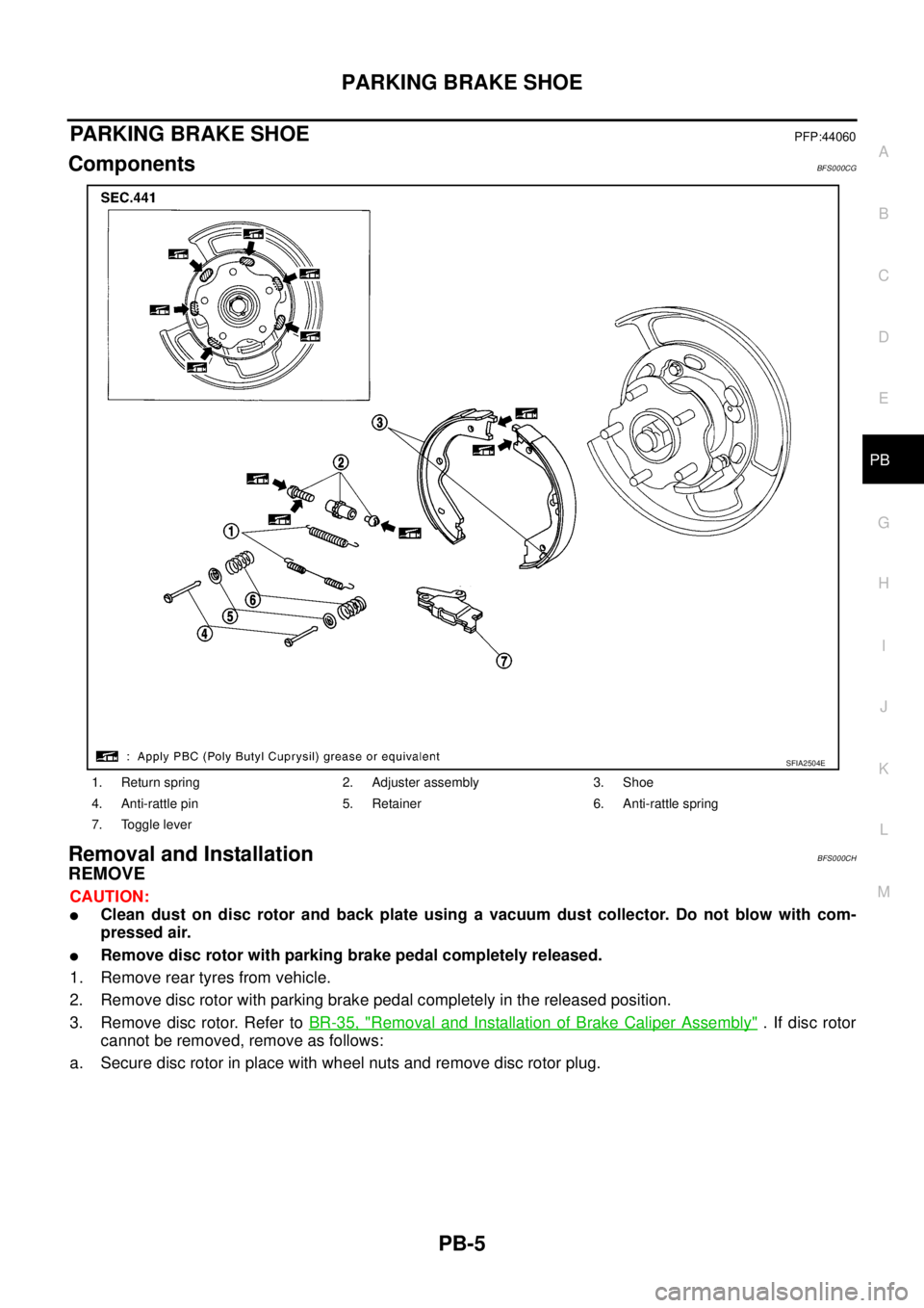 NISSAN TEANA 2003  Service Manual PARKING BRAKE SHOE
PB-5
C
D
E
G
H
I
J
K
L
MA
B
PB
 
PARKING BRAKE SHOEPFP:44060
ComponentsBFS000CG
Removal and InstallationBFS000CH
REMOVE
CAUTION:
Clean dust on disc rotor and back plate using a vac
