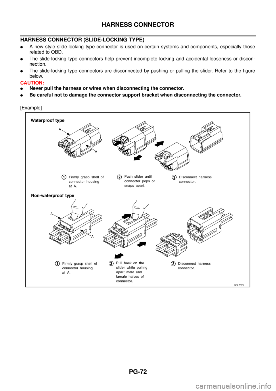 NISSAN TEANA 2003  Service Manual PG-72
HARNESS CONNECTOR
 
HARNESS CONNECTOR (SLIDE-LOCKING TYPE)
A new style slide-locking type connector is used on certain systems and components, especially those
related to OBD.
The slide-lockin