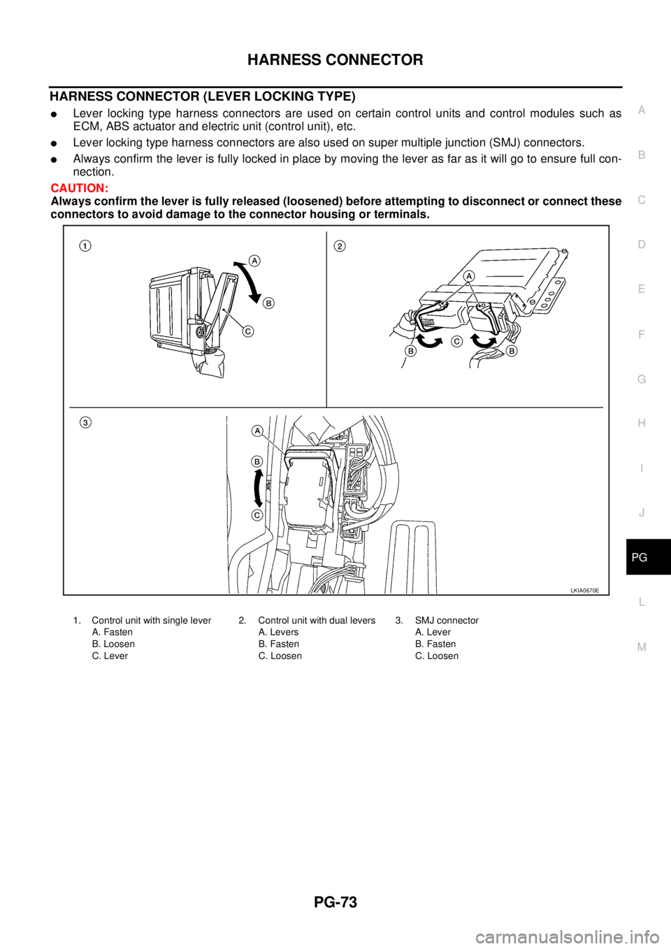 NISSAN TEANA 2003  Service Manual HARNESS CONNECTOR
PG-73
C
D
E
F
G
H
I
J
L
MA
B
PG
 
HARNESS CONNECTOR (LEVER LOCKING TYPE)
Lever locking type harness connectors are used on certain control units and control modules such as
ECM, ABS