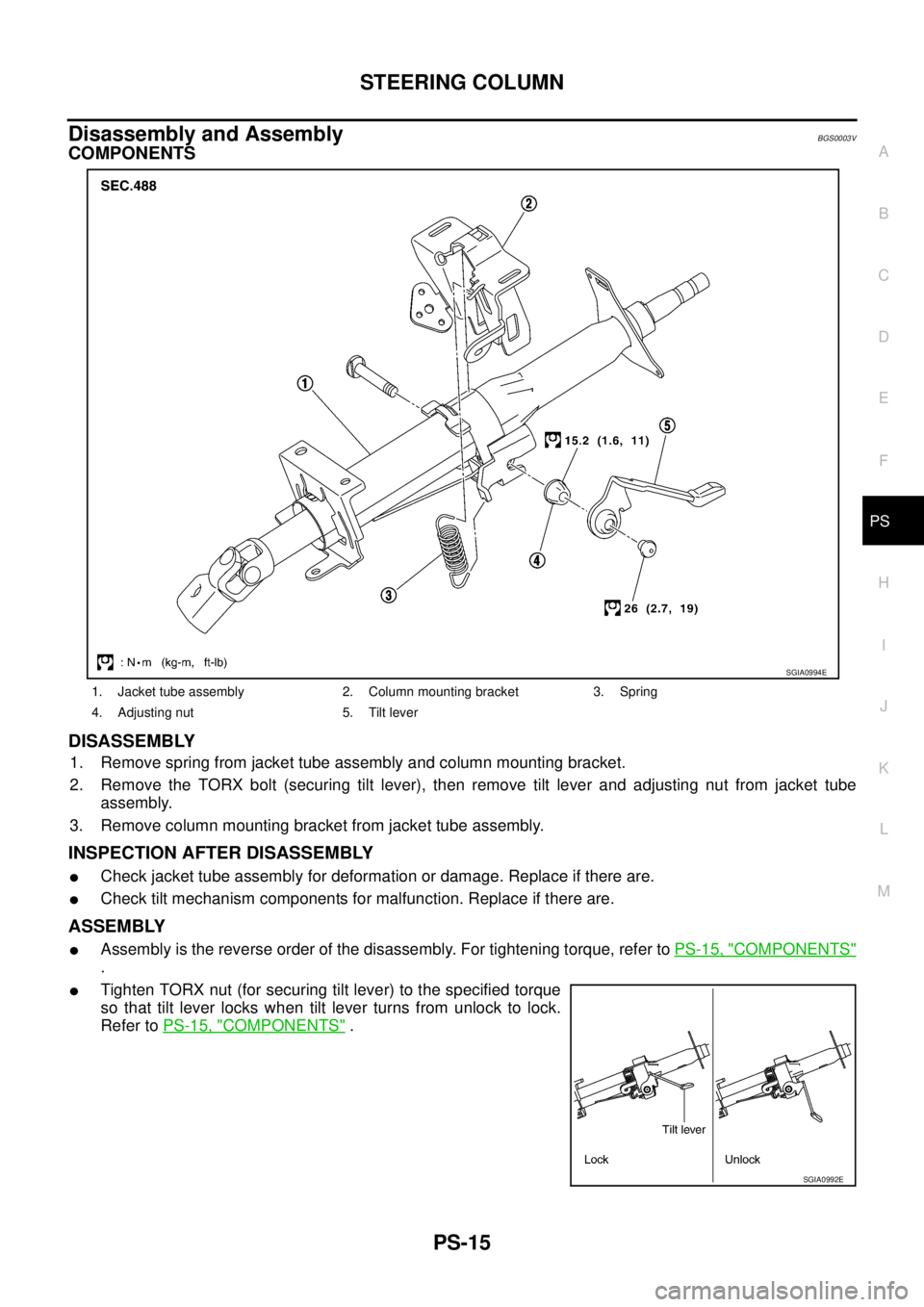 NISSAN TEANA 2003  Service Manual STEERING COLUMN
PS-15
C
D
E
F
H
I
J
K
L
MA
B
PS
 
Disassembly and AssemblyBGS0003V
COMPONENTS
DISASSEMBLY
1. Remove spring from jacket tube assembly and column mounting bracket.
2. Remove the TORX bol