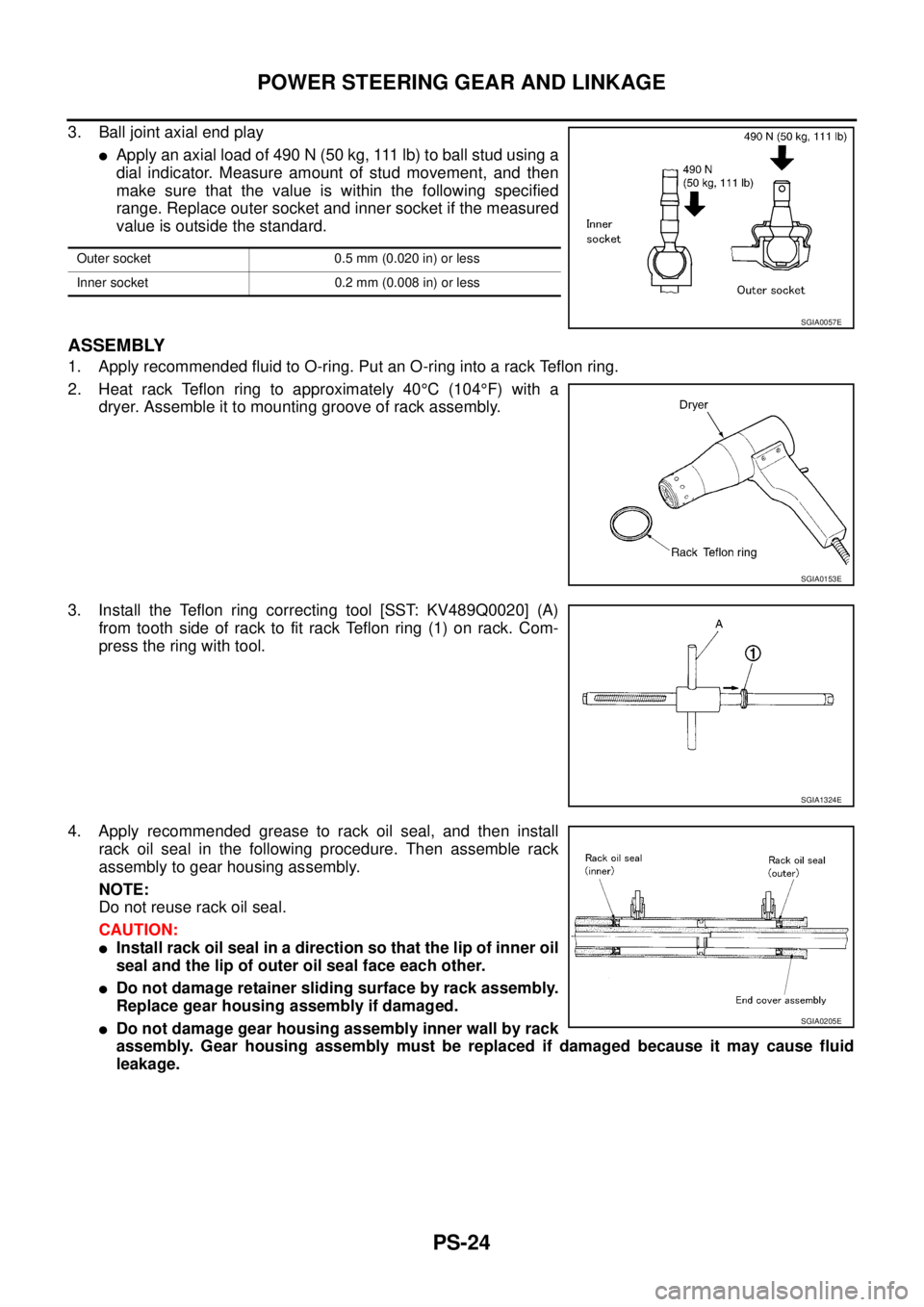 NISSAN TEANA 2003  Service Manual PS-24
POWER STEERING GEAR AND LINKAGE
 
3. Ball joint axial end play
Apply an axial load of 490 N (50 kg, 111 lb) to ball stud using a
dial indicator. Measure amount of stud movement, and then
make s