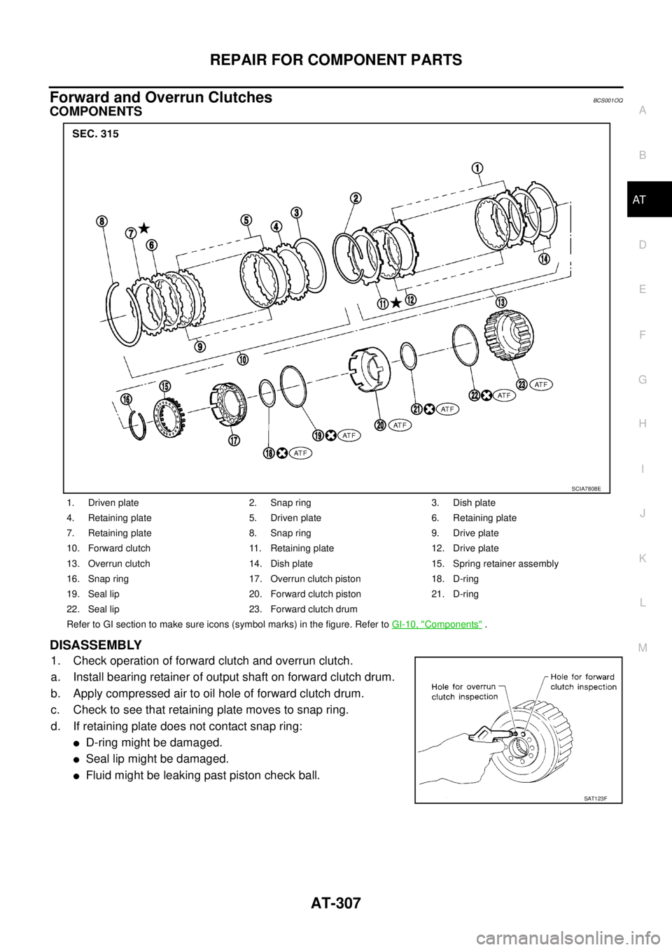 NISSAN TEANA 2003  Service Manual REPAIR FOR COMPONENT PARTS
AT-307
D
E
F
G
H
I
J
K
L
MA
B
AT
 
Forward and Overrun ClutchesBCS001OQ
COMPONENTS
DISASSEMBLY
1. Check operation of forward clutch and overrun clutch.
a. Install bearing re
