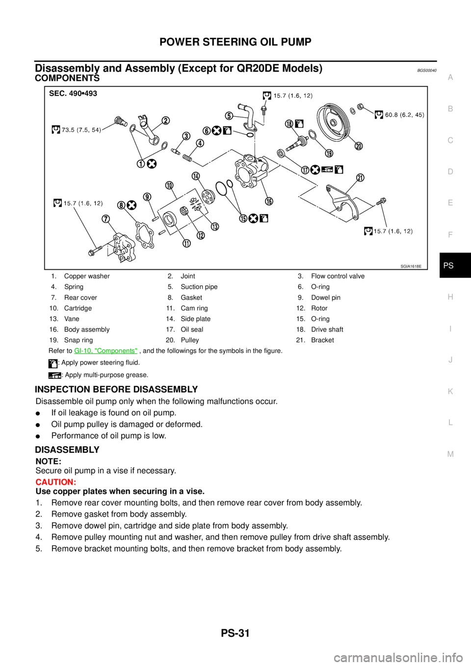 NISSAN TEANA 2003  Service Manual POWER STEERING OIL PUMP
PS-31
C
D
E
F
H
I
J
K
L
MA
B
PS
 
Disassembly and Assembly (Except for QR20DE Models)BGS00040
COMPONENTS
INSPECTION BEFORE DISASSEMBLY
Disassemble oil pump only when the follow