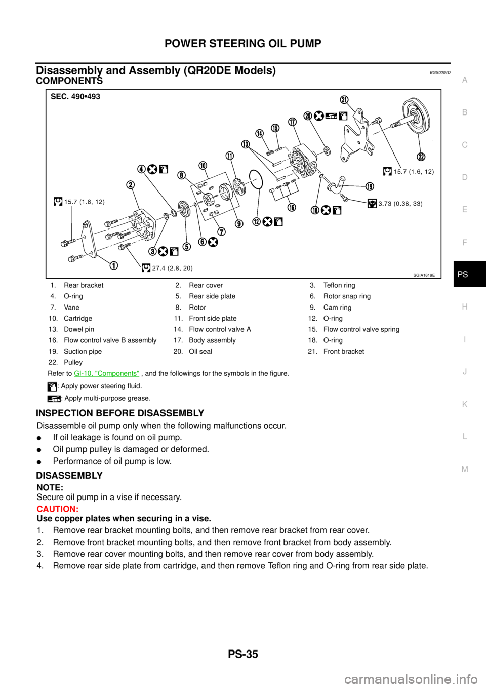 NISSAN TEANA 2003  Service Manual POWER STEERING OIL PUMP
PS-35
C
D
E
F
H
I
J
K
L
MA
B
PS
 
Disassembly and Assembly (QR20DE Models)BGS0004D
COMPONENTS
INSPECTION BEFORE DISASSEMBLY
Disassemble oil pump only when the following malfunc