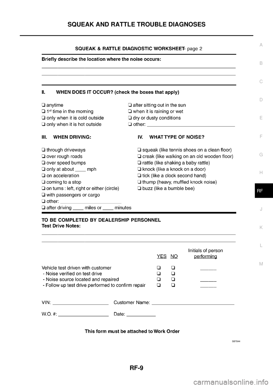 NISSAN TEANA 2003  Service Manual SQUEAK AND RATTLE TROUBLE DIAGNOSES
RF-9
C
D
E
F
G
H
J
K
L
MA
B
RF
 
SBT844 