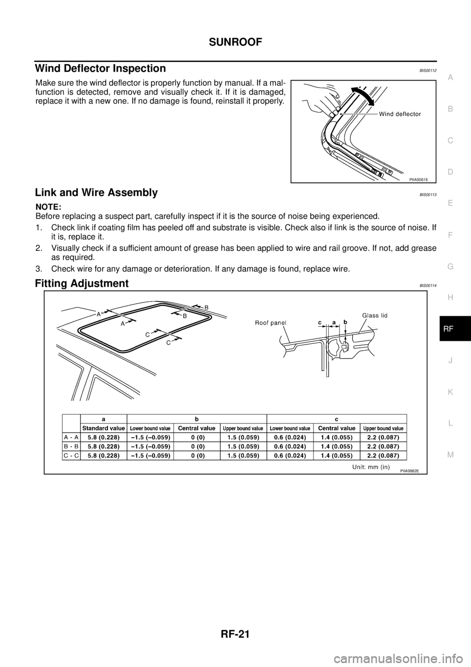 NISSAN TEANA 2003  Service Manual SUNROOF
RF-21
C
D
E
F
G
H
J
K
L
MA
B
RF
 
Wind Deflector InspectionBIS00112
Make sure the wind deflector is properly function by manual. If a mal-
function is detected, remove and visually check it. I