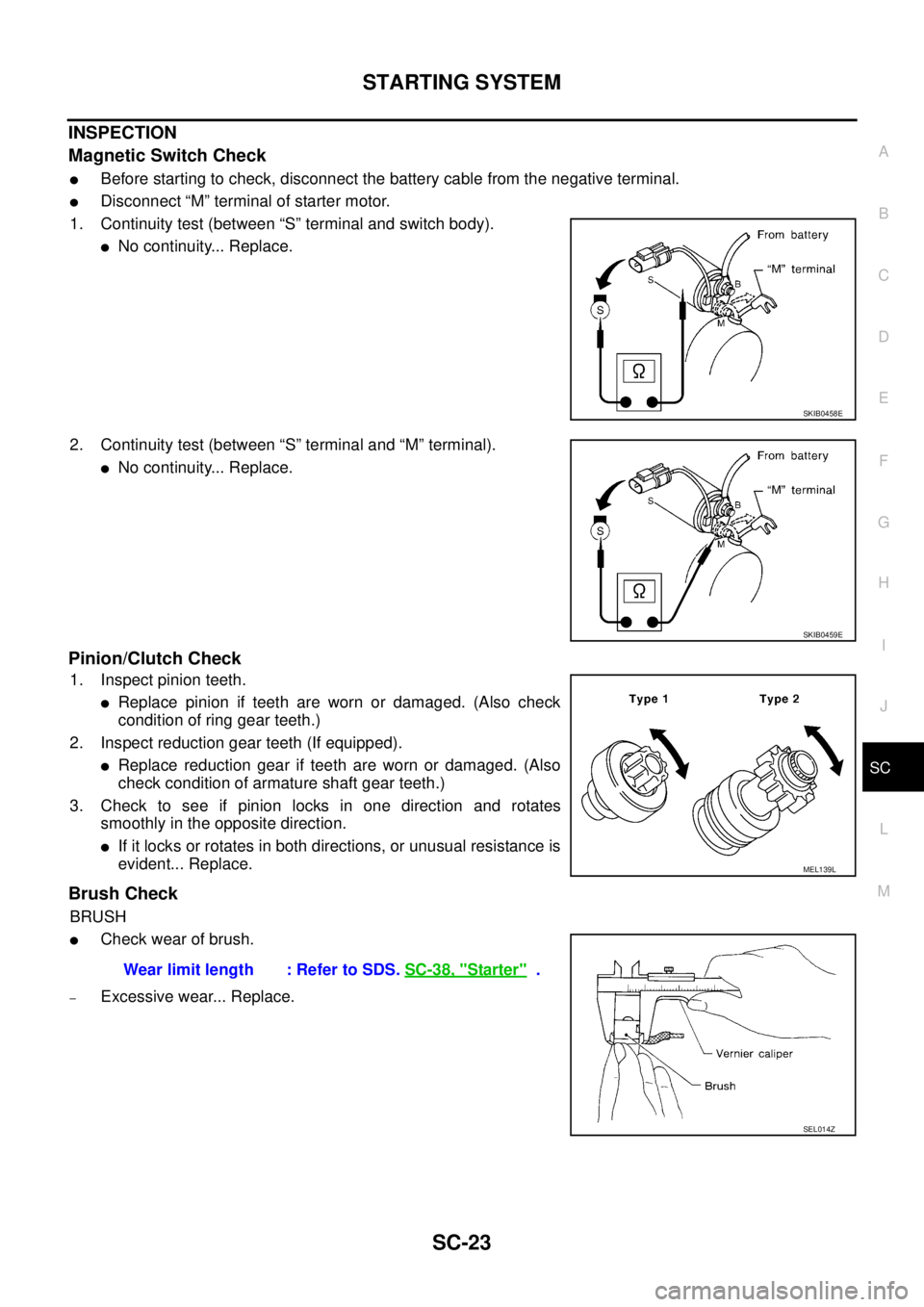 NISSAN TEANA 2003  Service Manual STARTING SYSTEM
SC-23
C
D
E
F
G
H
I
J
L
MA
B
SC
 
INSPECTION
Magnetic Switch Check
Before starting to check, disconnect the battery cable from the negative terminal.
Disconnect “M” terminal of s