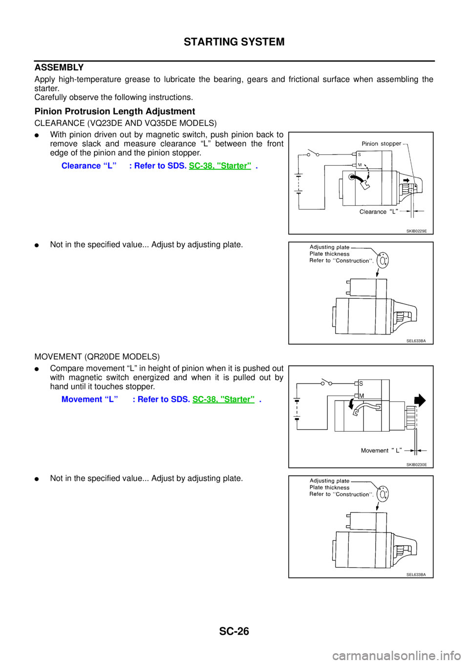 NISSAN TEANA 2003  Service Manual SC-26
STARTING SYSTEM
 
ASSEMBLY
Apply high-temperature grease to lubricate the bearing, gears and frictional surface when assembling the
starter.
Carefully observe the following instructions.
Pinion 