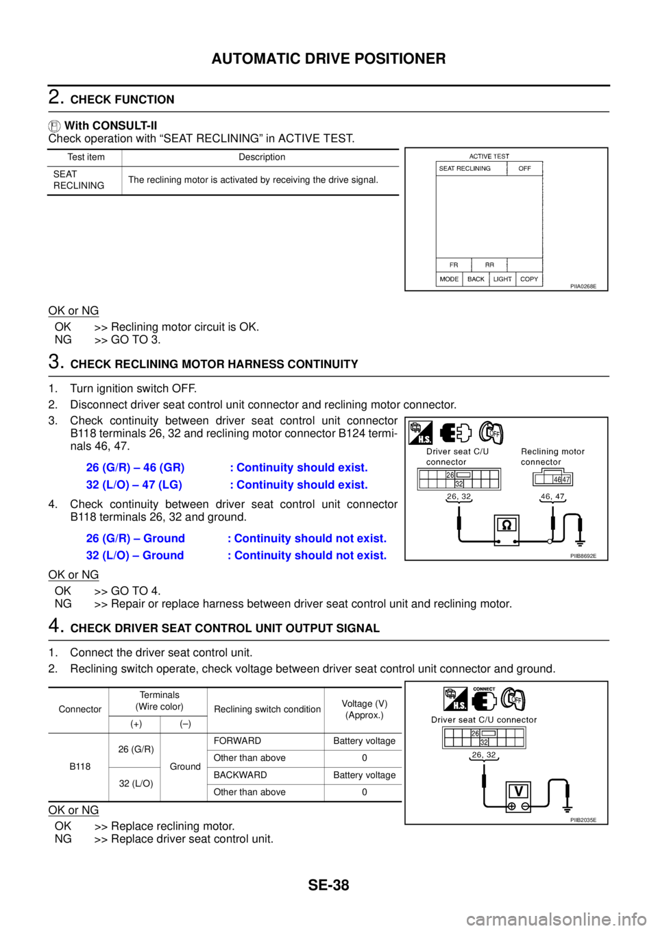 NISSAN TEANA 2003  Service Manual SE-38
AUTOMATIC DRIVE POSITIONER
 
2. CHECK FUNCTION
 With CONSULT-II
Check operation with “SEAT RECLINING” in ACTIVE TEST. 
OK or NG
OK >> Reclining motor circuit is OK.
NG >> GO TO 3.
3. CHECK R