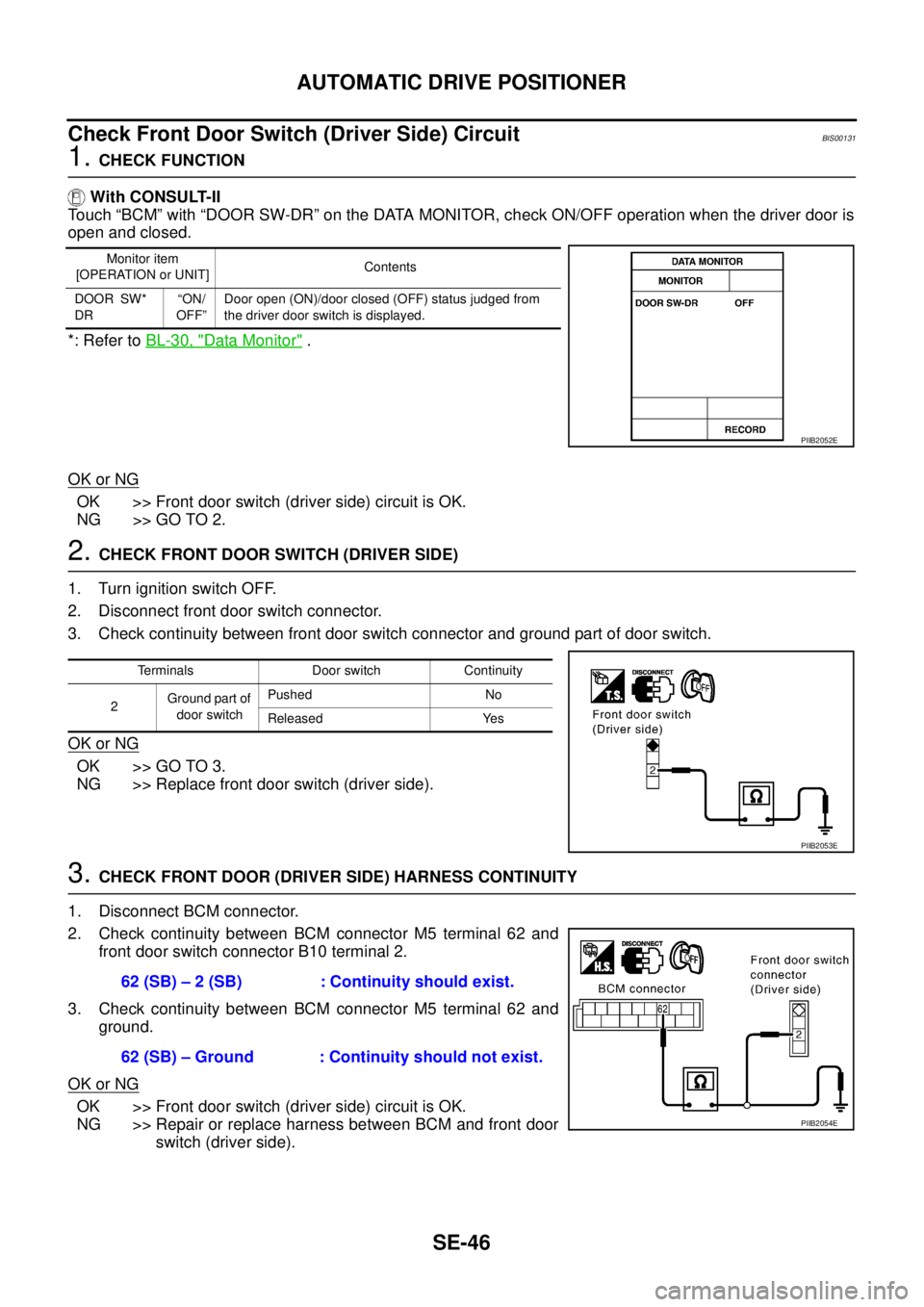 NISSAN TEANA 2003 Service Manual SE-46
AUTOMATIC DRIVE POSITIONER
Check Front Door Switch (Driver Side) Circuit BIS00131
1. CHECK FUNCTION
With CONSULT-II
Touch “BCM” with “DOOR SW-DR” on the DATA MONITOR, check ON/OFF ope NISSAN TEANA 2003 Service Manual SE-46
AUTOMATIC DRIVE POSITIONER
Check Front Door Switch (Driver Side) Circuit BIS00131
1. CHECK FUNCTION
With CONSULT-II
Touch “BCM” with “DOOR SW-DR” on the DATA MONITOR, check ON/OFF ope