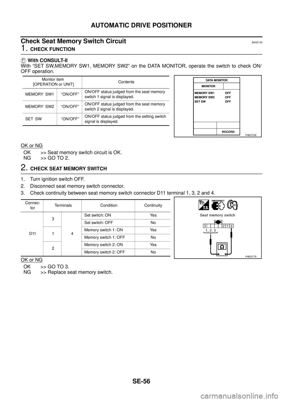 NISSAN TEANA 2003  Service Manual SE-56
AUTOMATIC DRIVE POSITIONER
 
Check Seat Memory Switch Circuit BIS00139
1. CHECK FUNCTION
 With CONSULT-II
With “SET SW,MEMORY SW1, MEMORY SW2” on the DATA MONITOR, operate the switch to chec