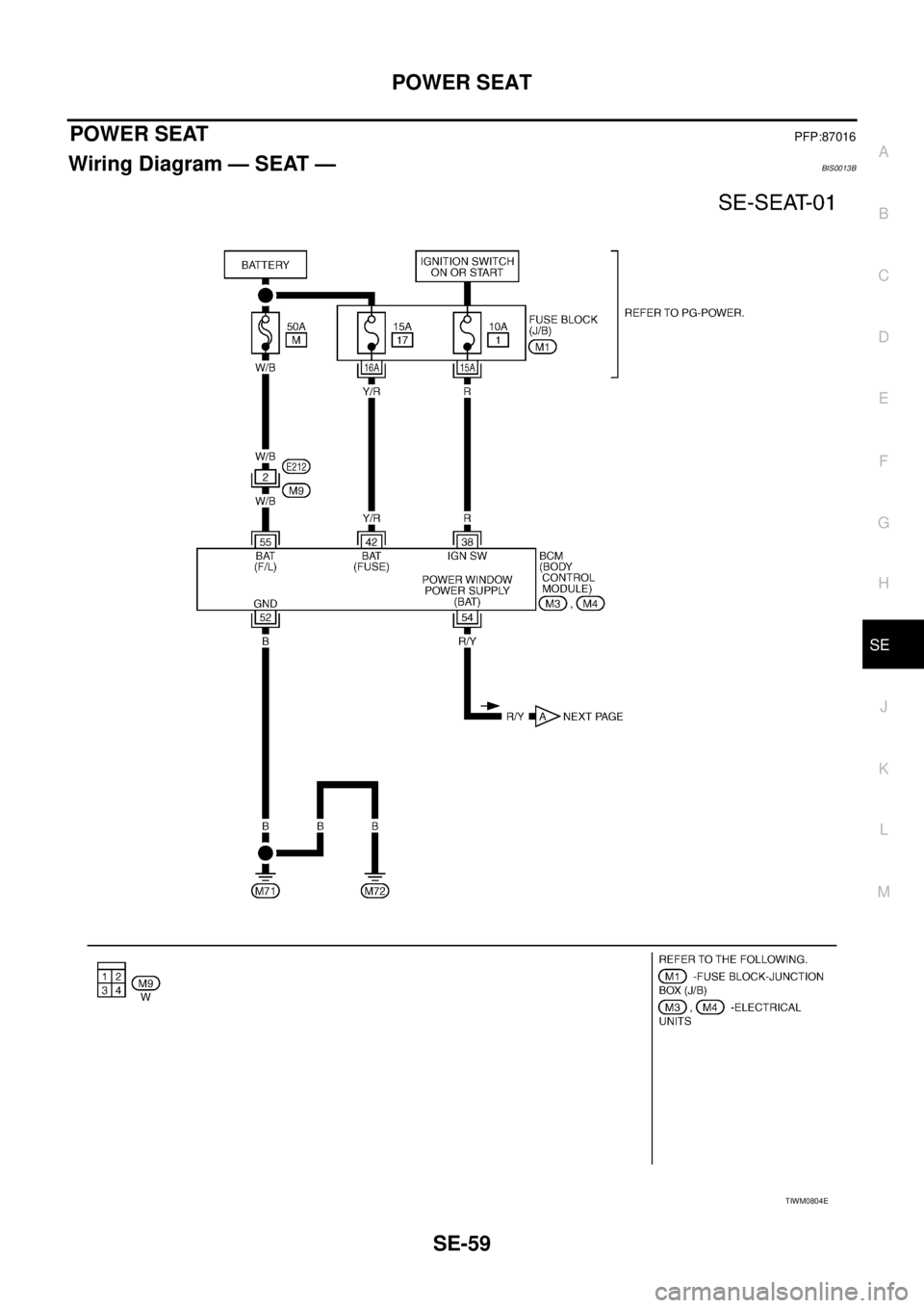 NISSAN TEANA 2003  Service Manual POWER SEAT
SE-59
C
D
E
F
G
H
J
K
L
MA
B
SE
 
POWER SEATPFP:87016
Wiring Diagram — SEAT —BIS0013B
TIWM0804E 