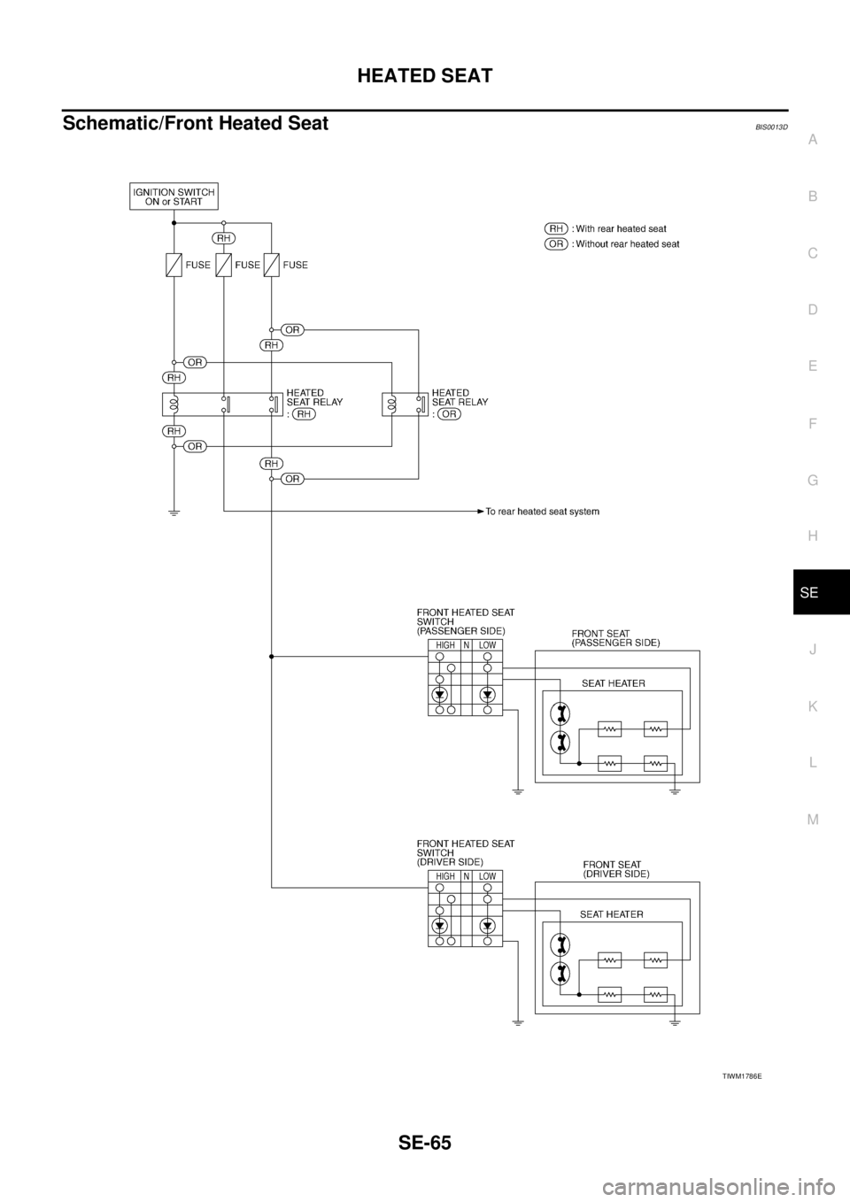NISSAN TEANA 2003 Service Manual HEATED SEAT
SE-65
C
D
E
F
G
H
J
K
L
MA
B
SE
Schematic/Front Heated SeatBIS0013D
TIWM1786E NISSAN TEANA 2003 Service Manual HEATED SEAT
SE-65
C
D
E
F
G
H
J
K
L
MA
B
SE
Schematic/Front Heated SeatBIS0013D
TIWM1786E