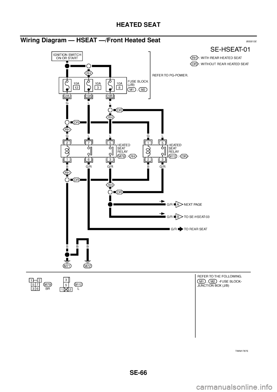 NISSAN TEANA 2003 Service Manual SE-66
HEATED SEAT
Wiring Diagram — HSEAT —/Front Heated SeatBIS0013E
TIWM1787E NISSAN TEANA 2003 Service Manual SE-66
HEATED SEAT
Wiring Diagram — HSEAT —/Front Heated SeatBIS0013E
TIWM1787E